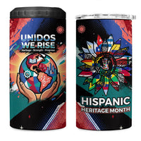 Hispanic Heritage Month Unidos We Rise 4 in 1 Can Cooler Tumbler Vibrant Sunflower Flags - Globe Graphic With Splatter Paint