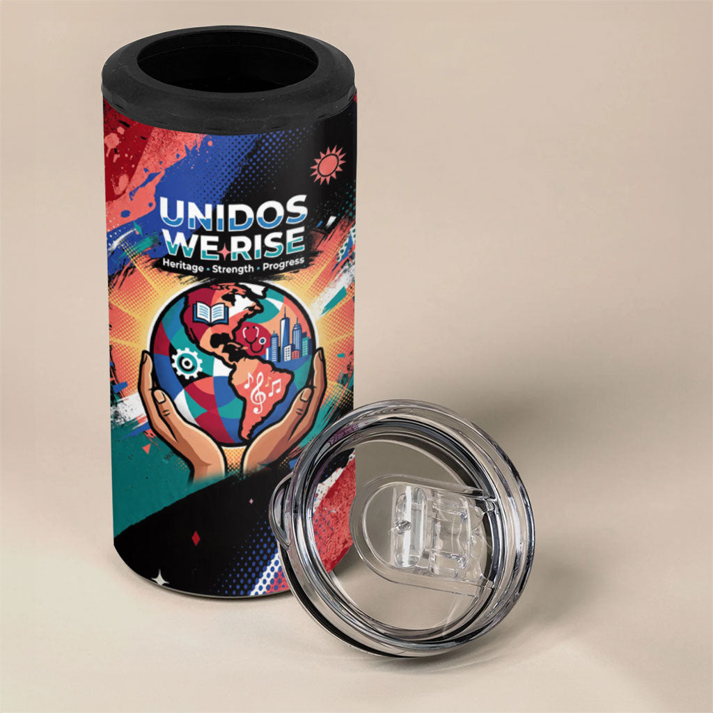 Hispanic Heritage Month Unidos We Rise 4 in 1 Can Cooler Tumbler Vibrant Sunflower Flags - Globe Graphic With Splatter Paint
