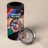 Hispanic Heritage Month Unidos We Rise 4 in 1 Can Cooler Tumbler Vibrant Sunflower Flags - Globe Graphic With Splatter Paint