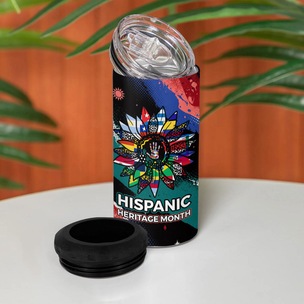 Hispanic Heritage Month Unidos We Rise 4 in 1 Can Cooler Tumbler Vibrant Sunflower Flags - Globe Graphic With Splatter Paint