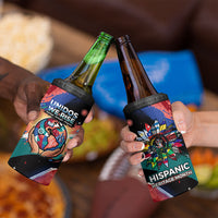 Hispanic Heritage Month Unidos We Rise 4 in 1 Can Cooler Tumbler Vibrant Sunflower Flags - Globe Graphic With Splatter Paint