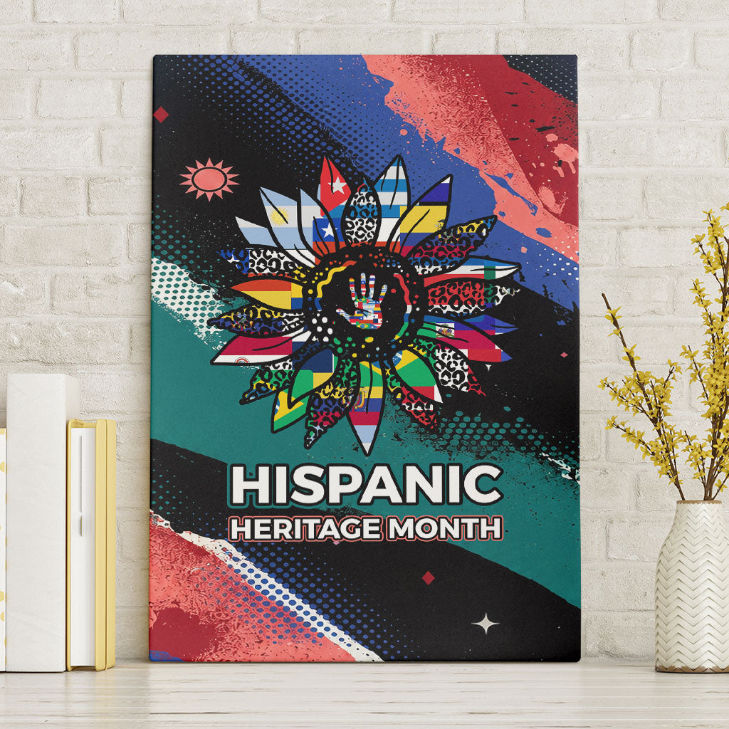 Hispanic Heritage Month Unidos We Rise Canvas Wall Art Vibrant Sunflower Flags - Globe Graphic With Splatter Paint