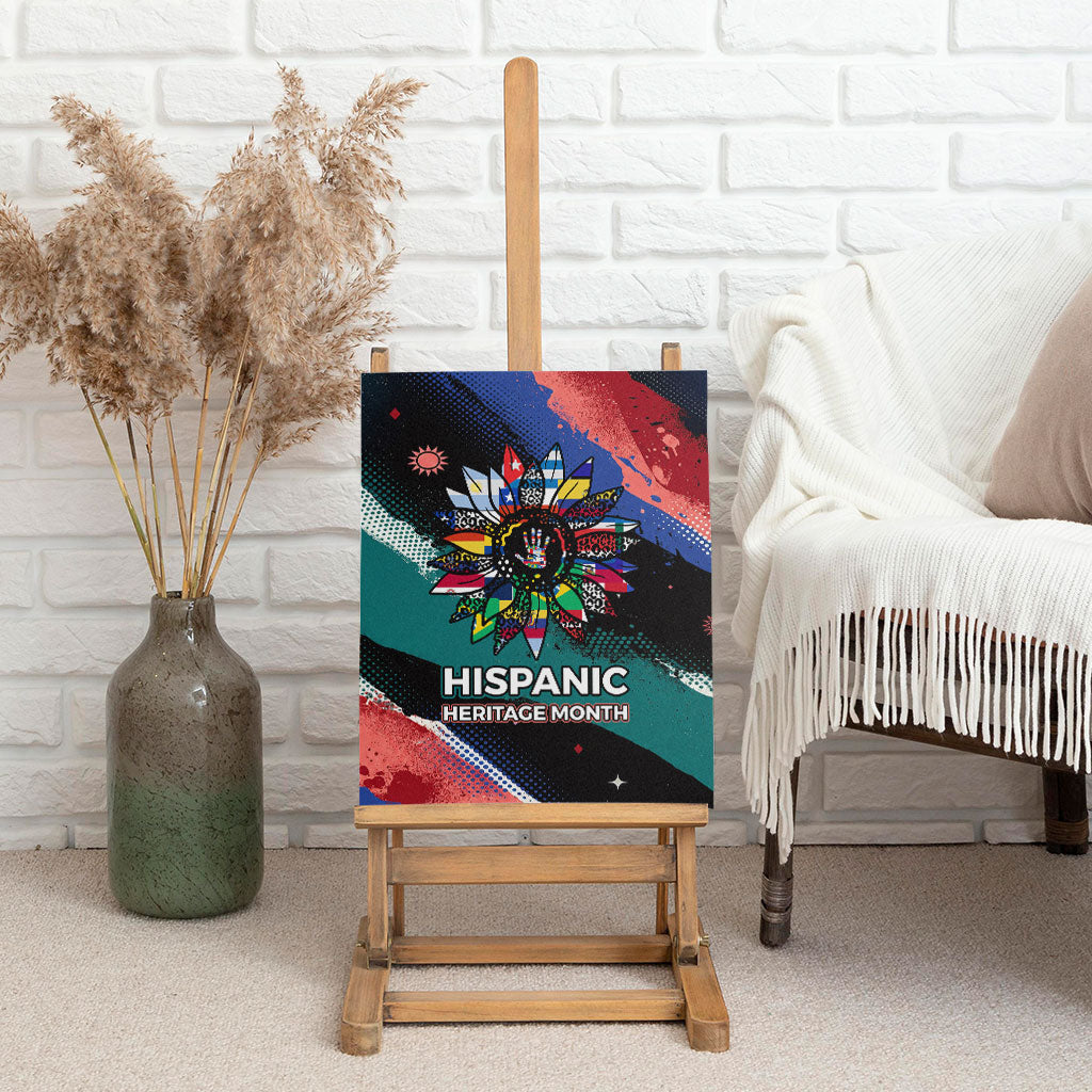 Hispanic Heritage Month Unidos We Rise Canvas Wall Art Vibrant Sunflower Flags - Globe Graphic With Splatter Paint