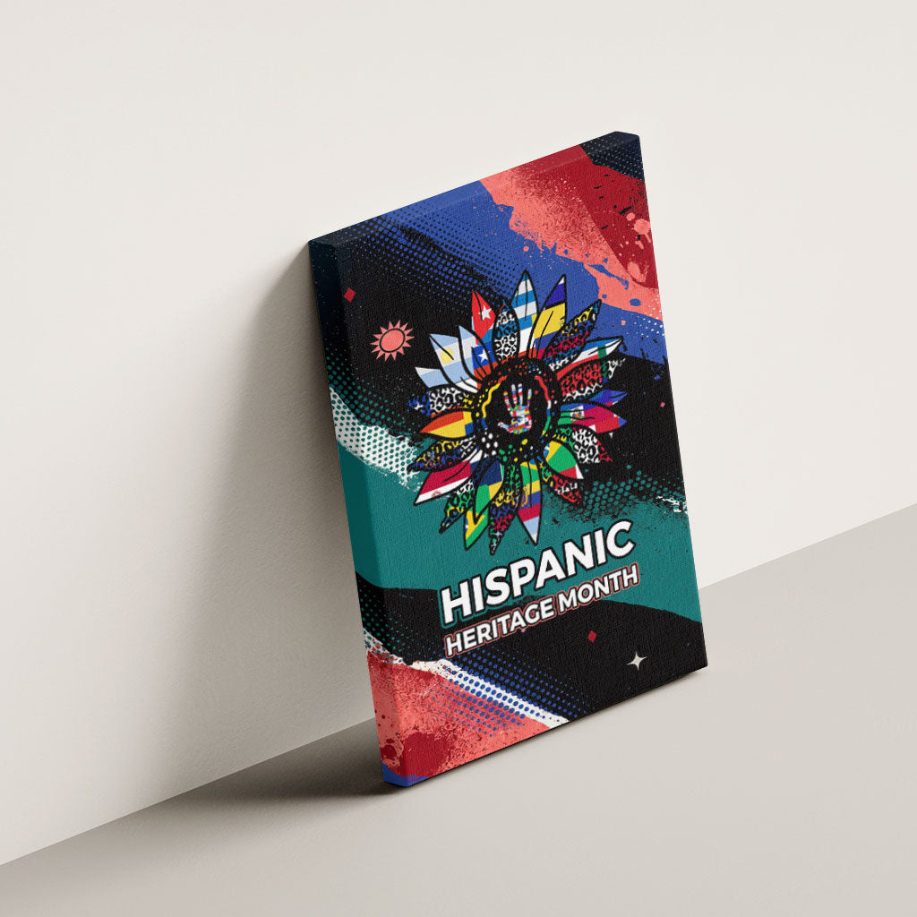 Hispanic Heritage Month Unidos We Rise Canvas Wall Art Vibrant Sunflower Flags - Globe Graphic With Splatter Paint