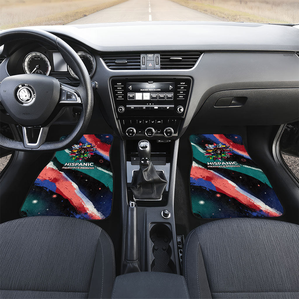 Hispanic Heritage Month Unidos We Rise Car Mats Vibrant Sunflower Flags - Globe Graphic With Splatter Paint