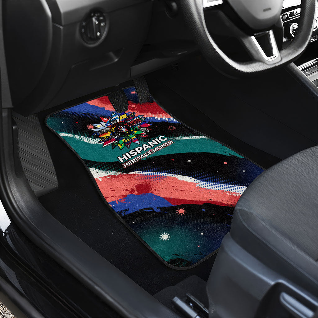 Hispanic Heritage Month Unidos We Rise Car Mats Vibrant Sunflower Flags - Globe Graphic With Splatter Paint