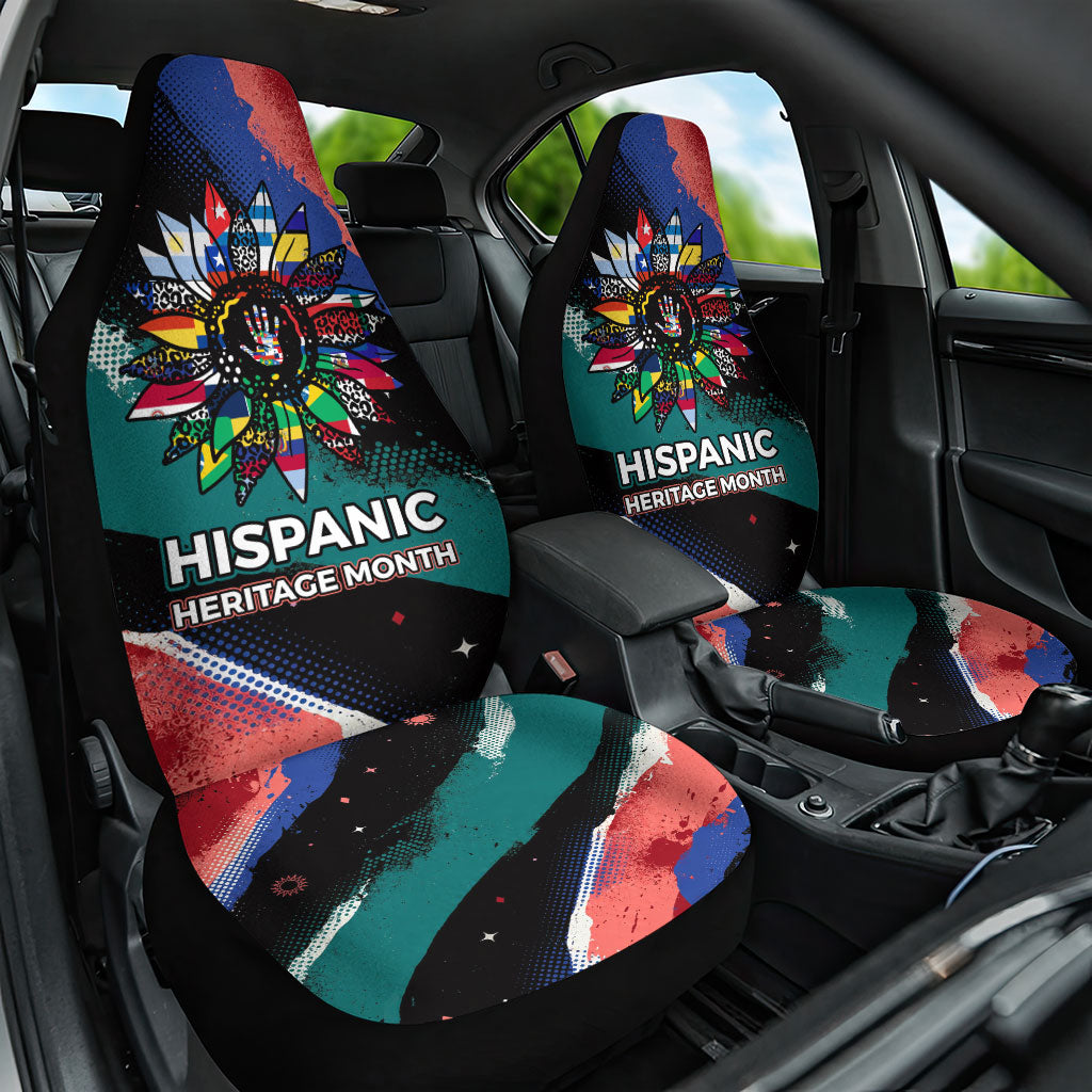 Hispanic Heritage Month Unidos We Rise Car Seat Cover Vibrant Sunflower Flags - Globe Graphic With Splatter Paint