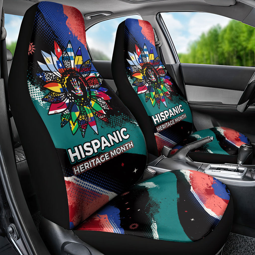 Hispanic Heritage Month Unidos We Rise Car Seat Cover Vibrant Sunflower Flags - Globe Graphic With Splatter Paint
