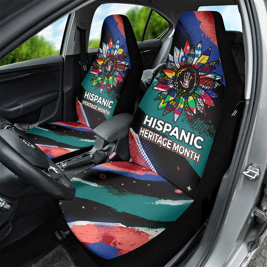 Hispanic Heritage Month Unidos We Rise Car Seat Cover Vibrant Sunflower Flags - Globe Graphic With Splatter Paint