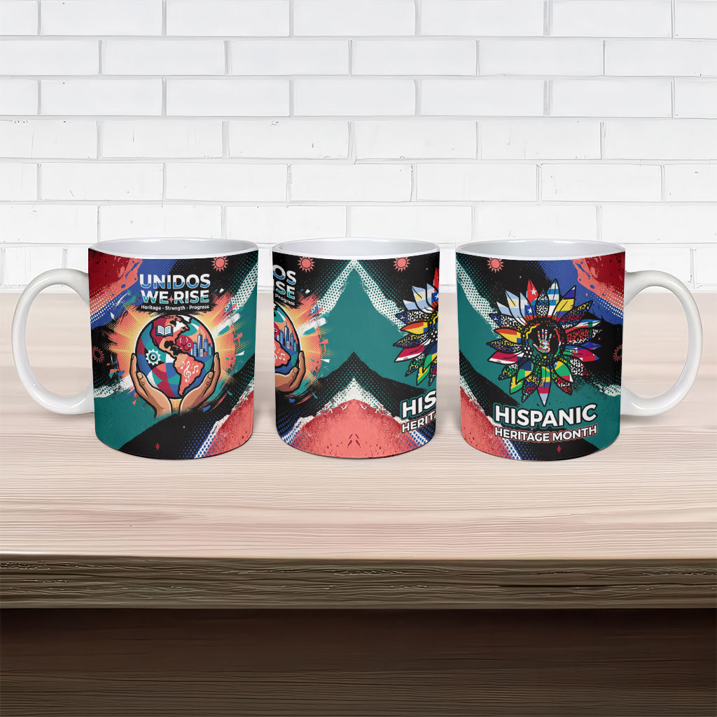 Hispanic Heritage Month Unidos We Rise Ceramic Mug Vibrant Sunflower Flags - Globe Graphic With Splatter Paint