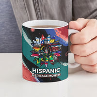 Hispanic Heritage Month Unidos We Rise Ceramic Mug Vibrant Sunflower Flags - Globe Graphic With Splatter Paint
