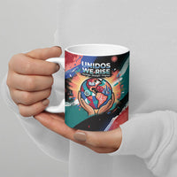 Hispanic Heritage Month Unidos We Rise Ceramic Mug Vibrant Sunflower Flags - Globe Graphic With Splatter Paint