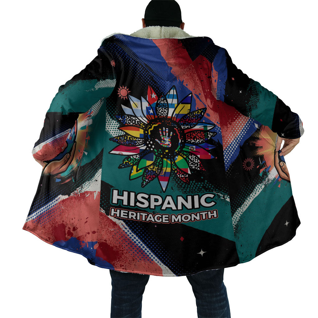 Hispanic Heritage Month Unidos We Rise Cloak Vibrant Sunflower Flags - Globe Graphic With Splatter Paint