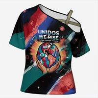Hispanic Heritage Month Unidos We Rise Cross Shoulder Shirt Vibrant Sunflower Flags - Globe Graphic With Splatter Paint