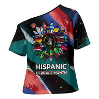 Hispanic Heritage Month Unidos We Rise Cross Shoulder Shirt Vibrant Sunflower Flags - Globe Graphic With Splatter Paint