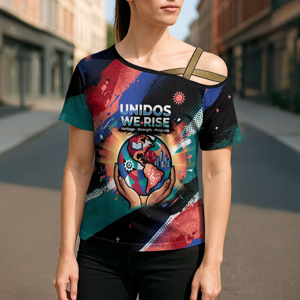 Hispanic Heritage Month Unidos We Rise Cross Shoulder Shirt Vibrant Sunflower Flags - Globe Graphic With Splatter Paint