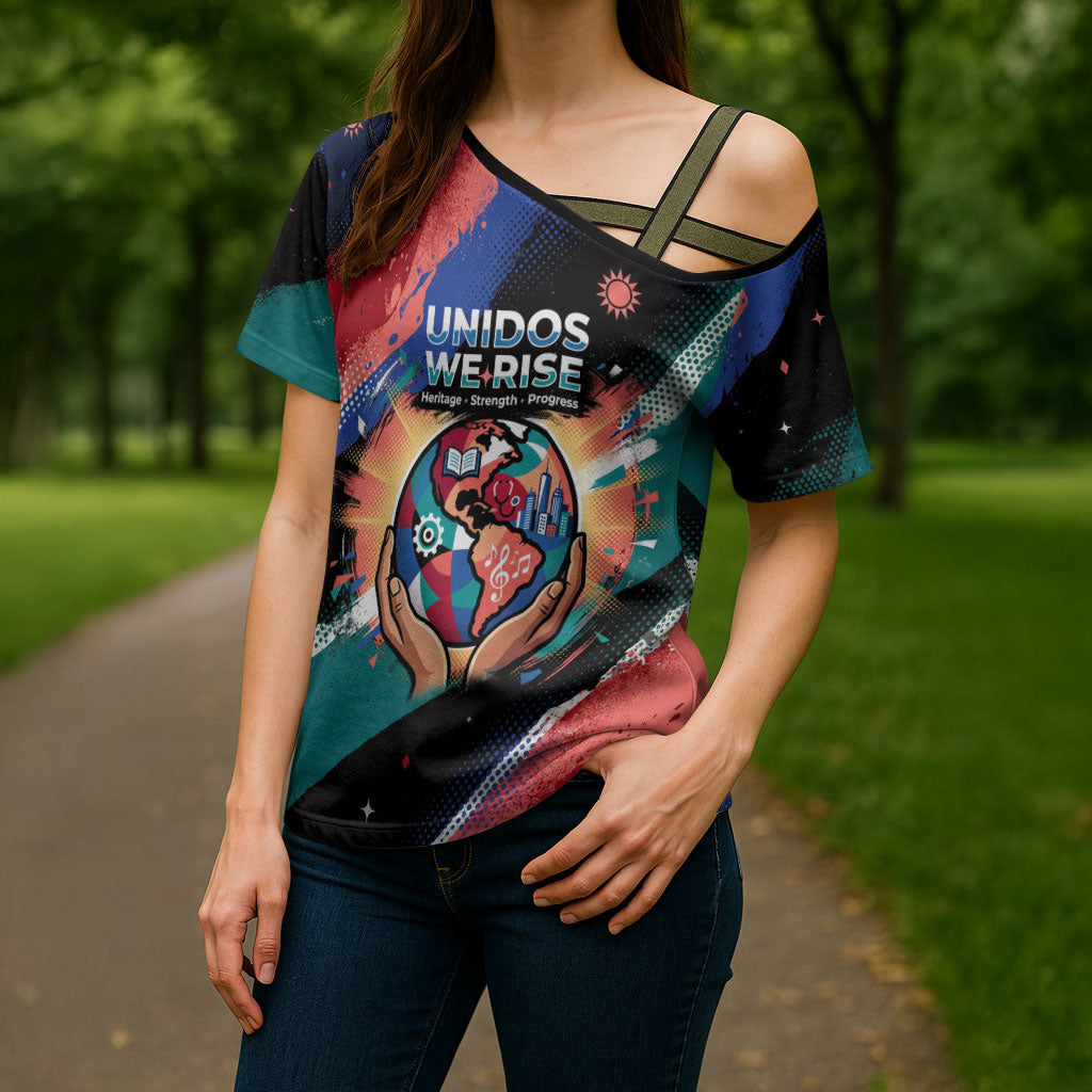 Hispanic Heritage Month Unidos We Rise Cross Shoulder Shirt Vibrant Sunflower Flags - Globe Graphic With Splatter Paint