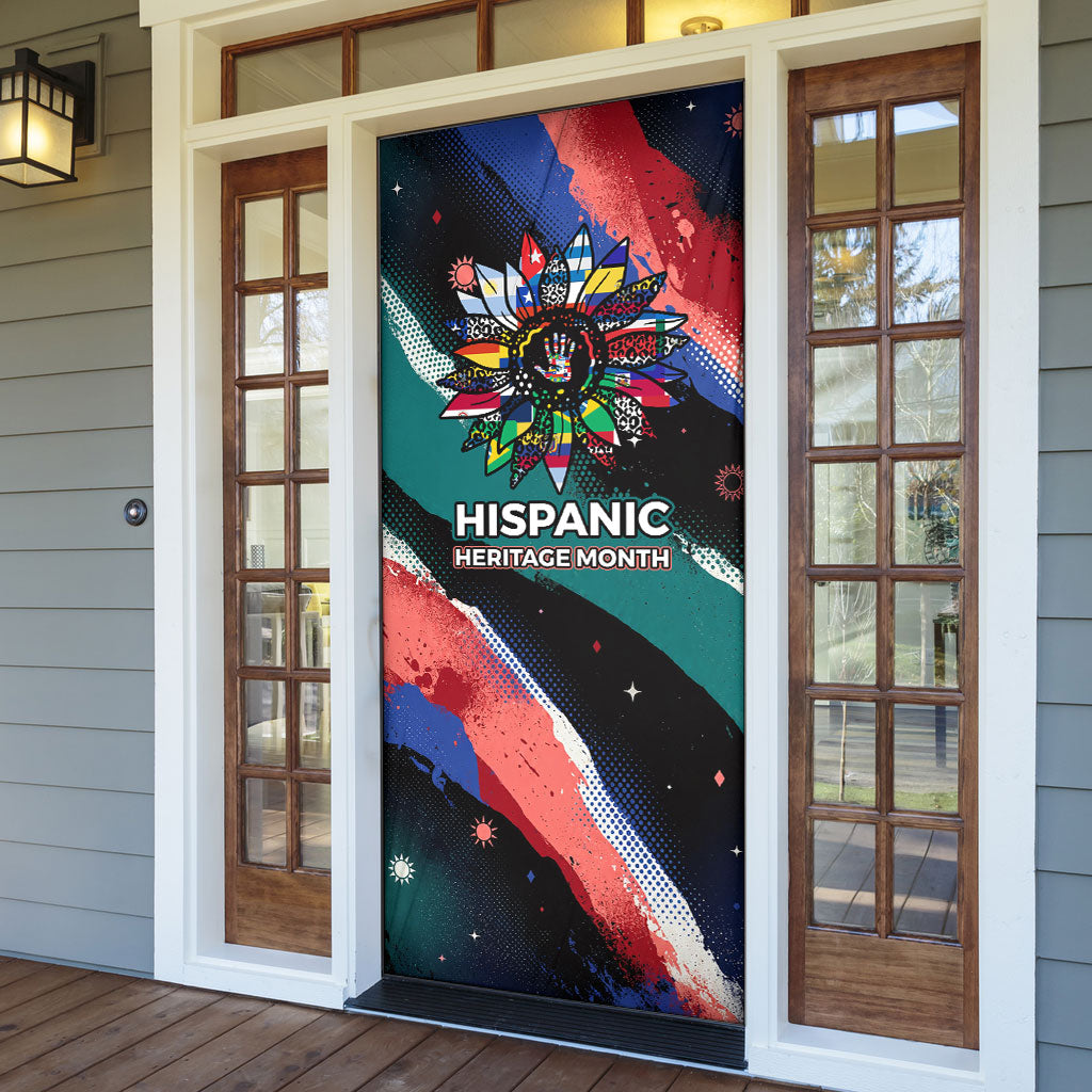 Hispanic Heritage Month Unidos We Rise Door Cover Vibrant Sunflower Flags - Globe Graphic With Splatter Paint
