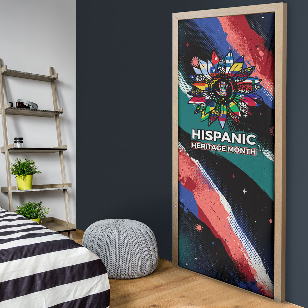 Hispanic Heritage Month Unidos We Rise Door Cover Vibrant Sunflower Flags - Globe Graphic With Splatter Paint
