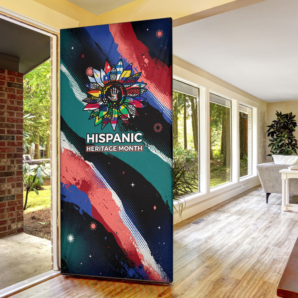 Hispanic Heritage Month Unidos We Rise Door Cover Vibrant Sunflower Flags - Globe Graphic With Splatter Paint