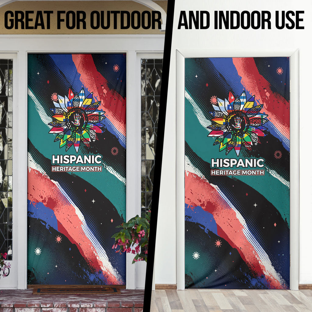 Hispanic Heritage Month Unidos We Rise Door Cover Vibrant Sunflower Flags - Globe Graphic With Splatter Paint