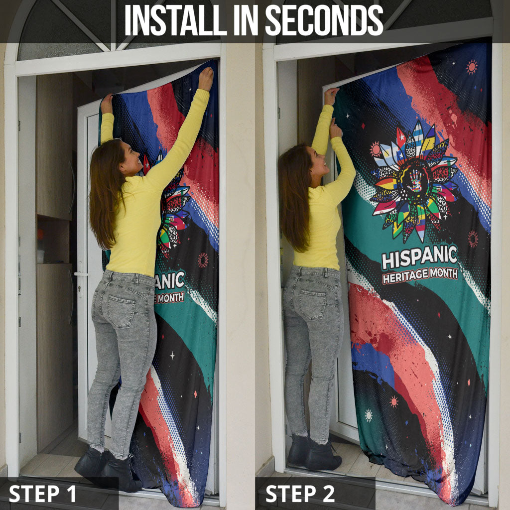Hispanic Heritage Month Unidos We Rise Door Cover Vibrant Sunflower Flags - Globe Graphic With Splatter Paint