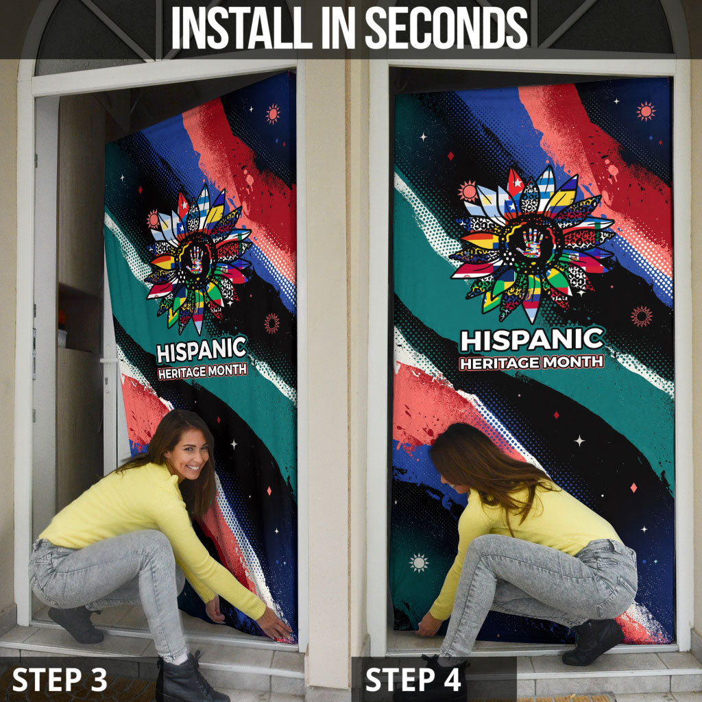 Hispanic Heritage Month Unidos We Rise Door Cover Vibrant Sunflower Flags - Globe Graphic With Splatter Paint
