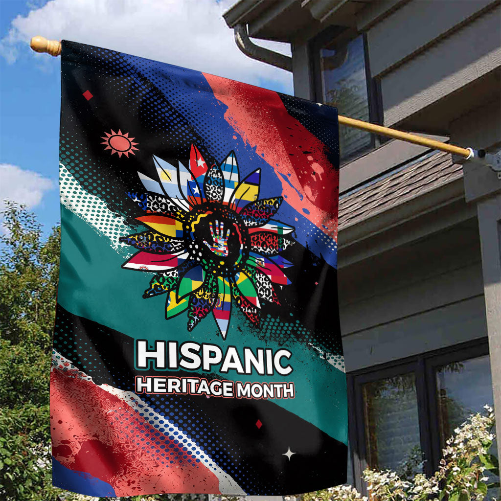 Hispanic Heritage Month Unidos We Rise Garden Flag Vibrant Sunflower Flags - Globe Graphic With Splatter Paint