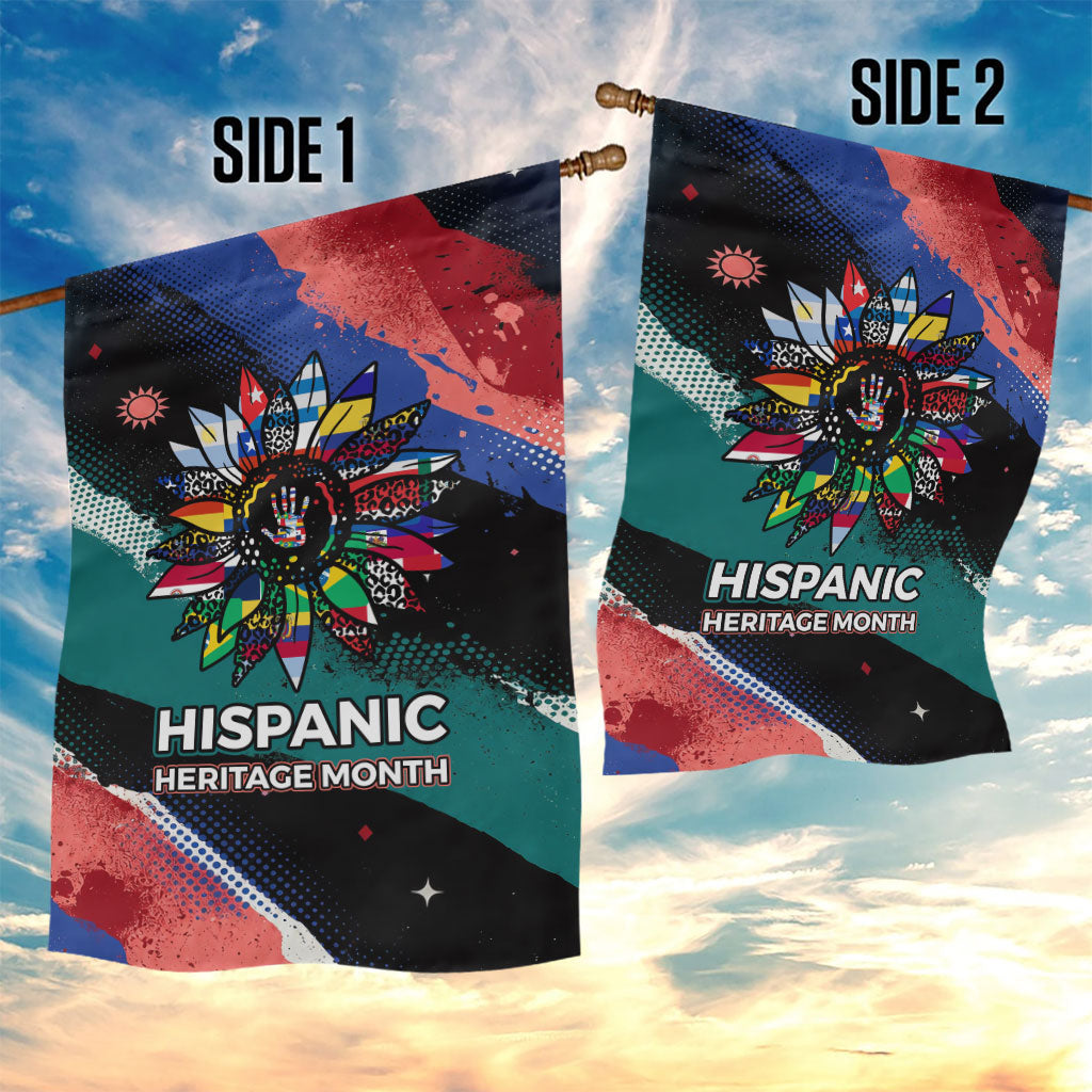 Hispanic Heritage Month Unidos We Rise Garden Flag Vibrant Sunflower Flags - Globe Graphic With Splatter Paint