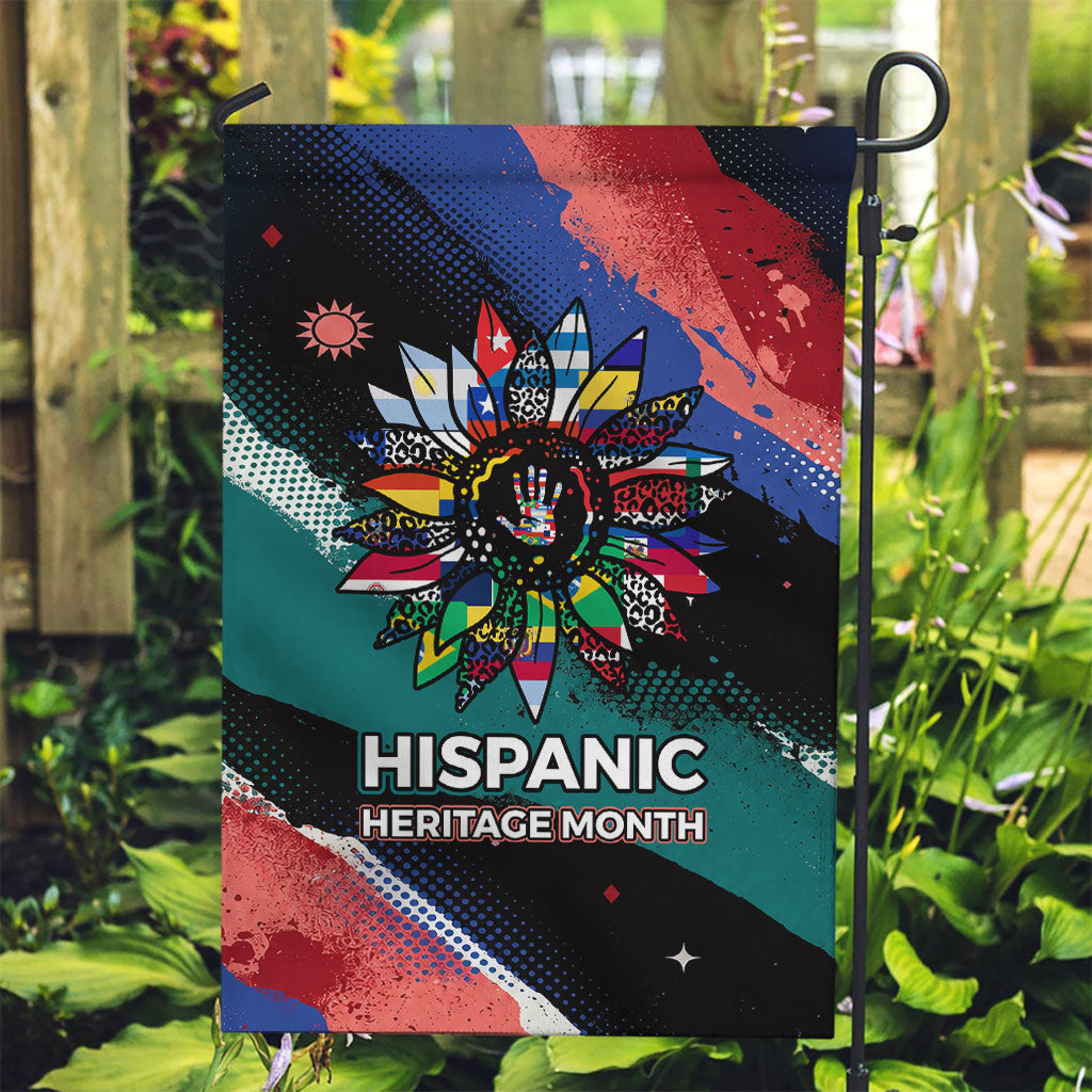 Hispanic Heritage Month Unidos We Rise Garden Flag Vibrant Sunflower Flags - Globe Graphic With Splatter Paint