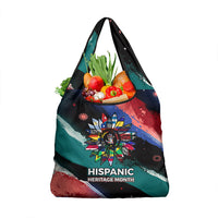 Hispanic Heritage Month Unidos We Rise Grocery Bag Vibrant Sunflower Flags - Globe Graphic With Splatter Paint
