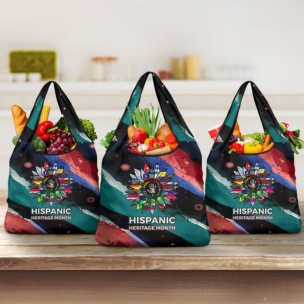 Hispanic Heritage Month Unidos We Rise Grocery Bag Vibrant Sunflower Flags - Globe Graphic With Splatter Paint