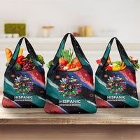 Hispanic Heritage Month Unidos We Rise Grocery Bag Vibrant Sunflower Flags - Globe Graphic With Splatter Paint