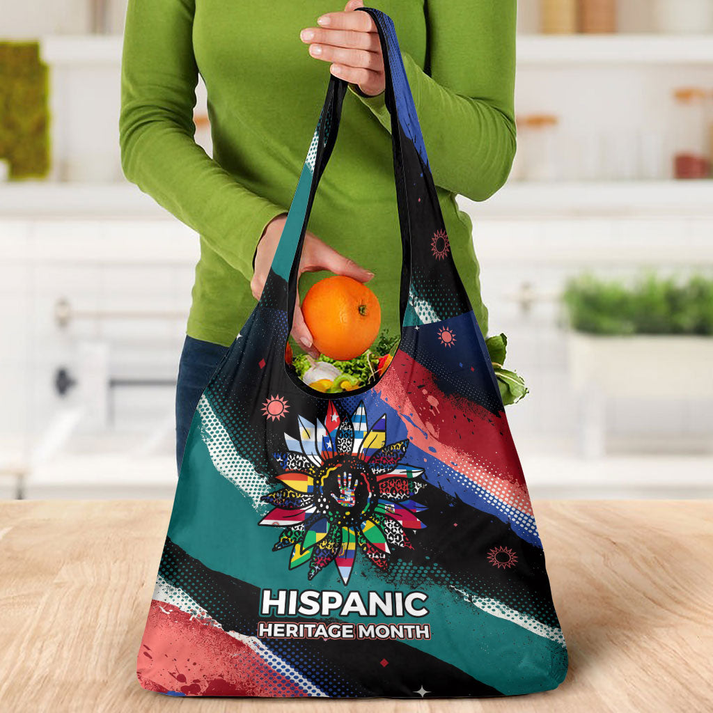 Hispanic Heritage Month Unidos We Rise Grocery Bag Vibrant Sunflower Flags - Globe Graphic With Splatter Paint