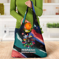Hispanic Heritage Month Unidos We Rise Grocery Bag Vibrant Sunflower Flags - Globe Graphic With Splatter Paint