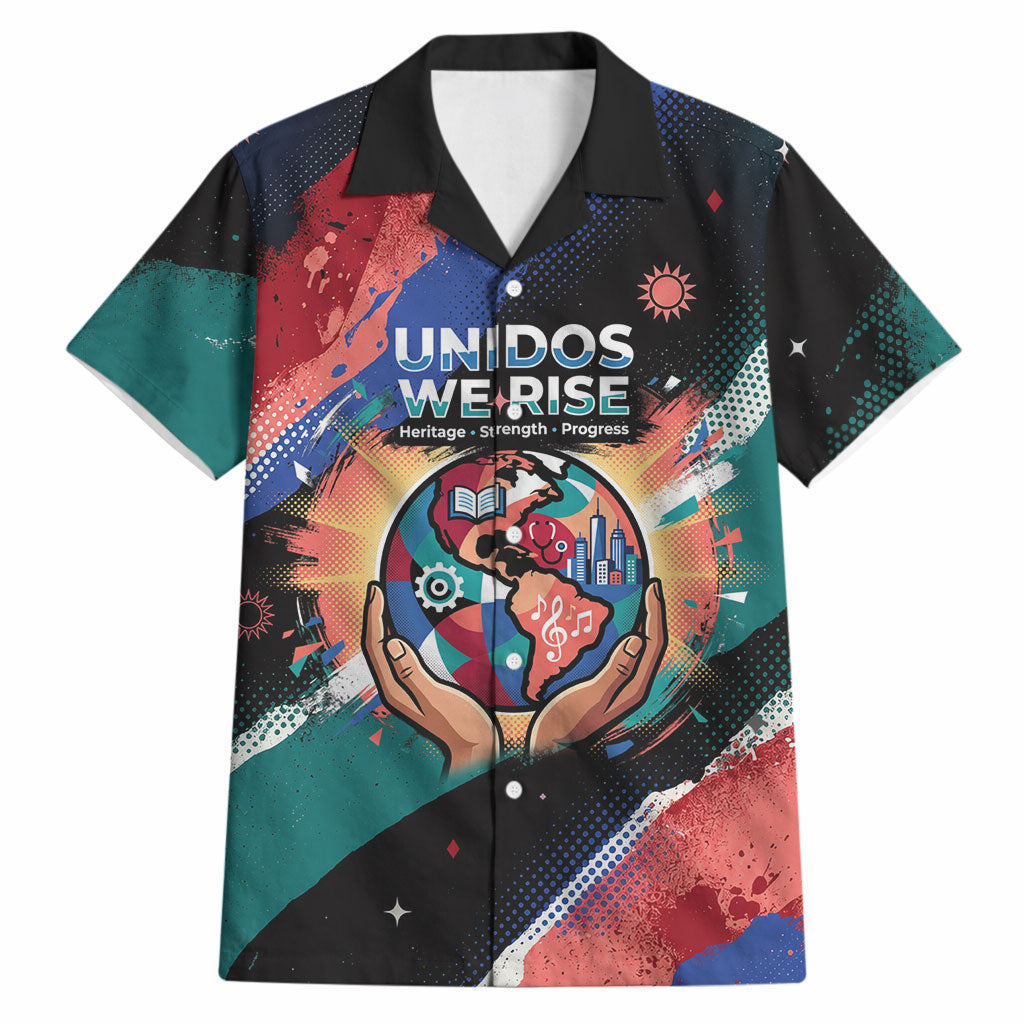 Hispanic Heritage Month Unidos We Rise Hawaiian Shirt Vibrant Sunflower Flags - Globe Graphic With Splatter Paint