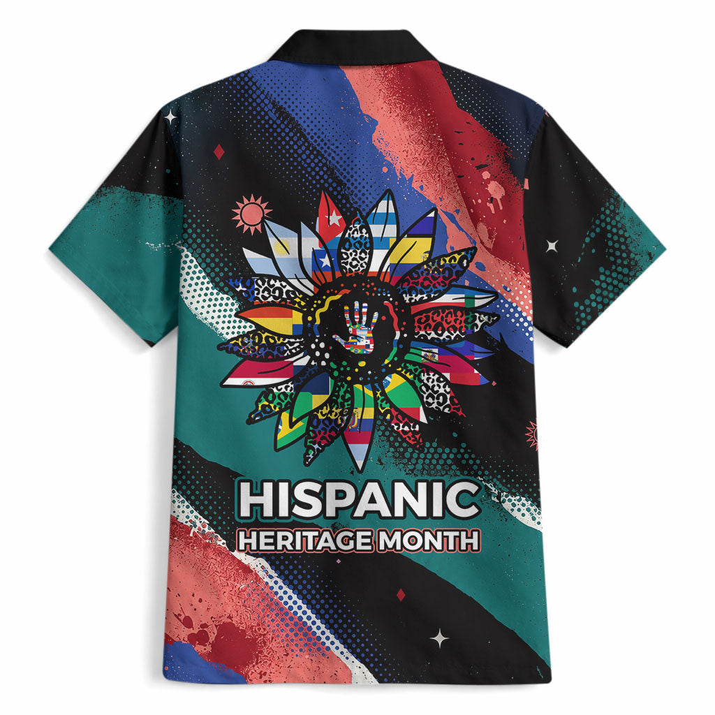 Hispanic Heritage Month Unidos We Rise Hawaiian Shirt Vibrant Sunflower Flags - Globe Graphic With Splatter Paint