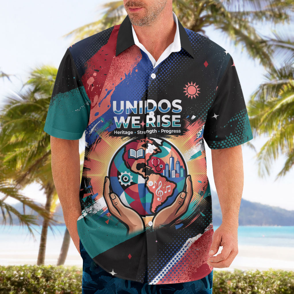 Hispanic Heritage Month Unidos We Rise Hawaiian Shirt Vibrant Sunflower Flags - Globe Graphic With Splatter Paint