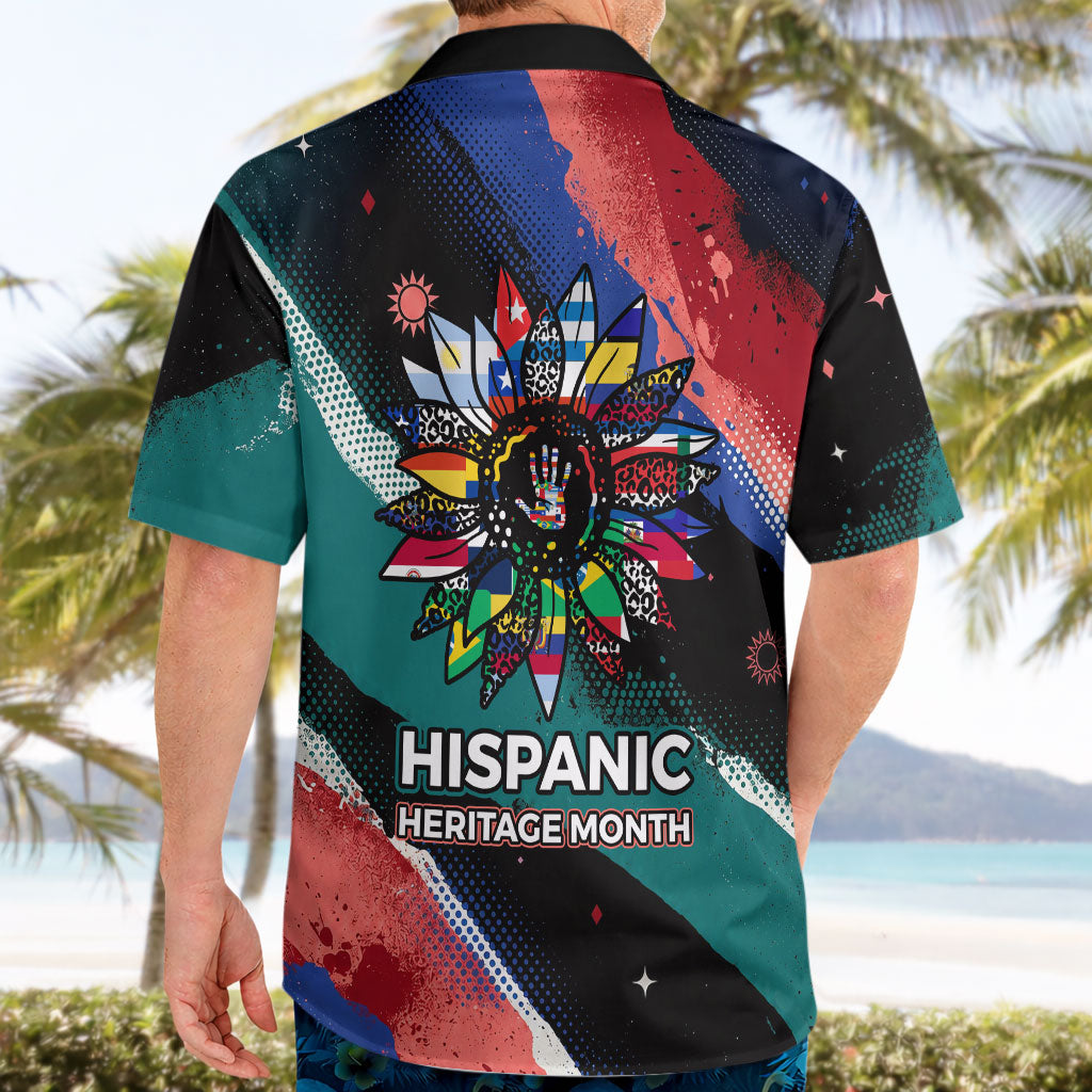 Hispanic Heritage Month Unidos We Rise Hawaiian Shirt Vibrant Sunflower Flags - Globe Graphic With Splatter Paint