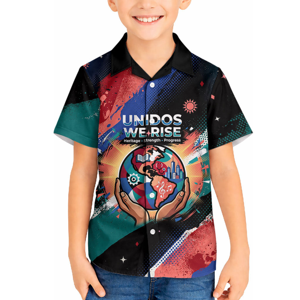 Hispanic Heritage Month Unidos We Rise Hawaiian Shirt Vibrant Sunflower Flags - Globe Graphic With Splatter Paint