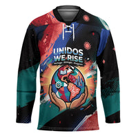 Hispanic Heritage Month Unidos We Rise Hockey Jersey Vibrant Sunflower Flags - Globe Graphic With Splatter Paint