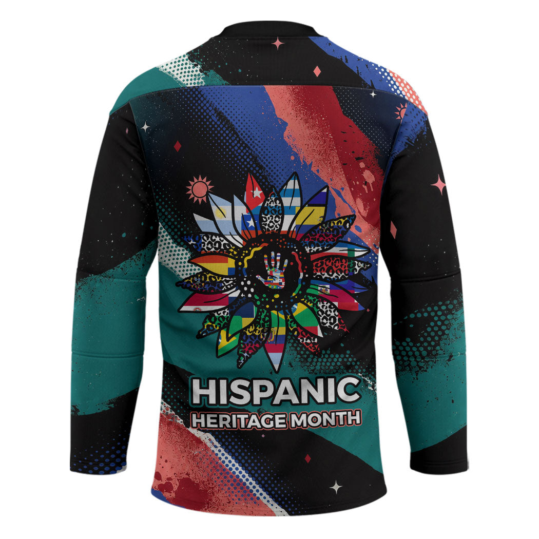Hispanic Heritage Month Unidos We Rise Hockey Jersey Vibrant Sunflower Flags - Globe Graphic With Splatter Paint