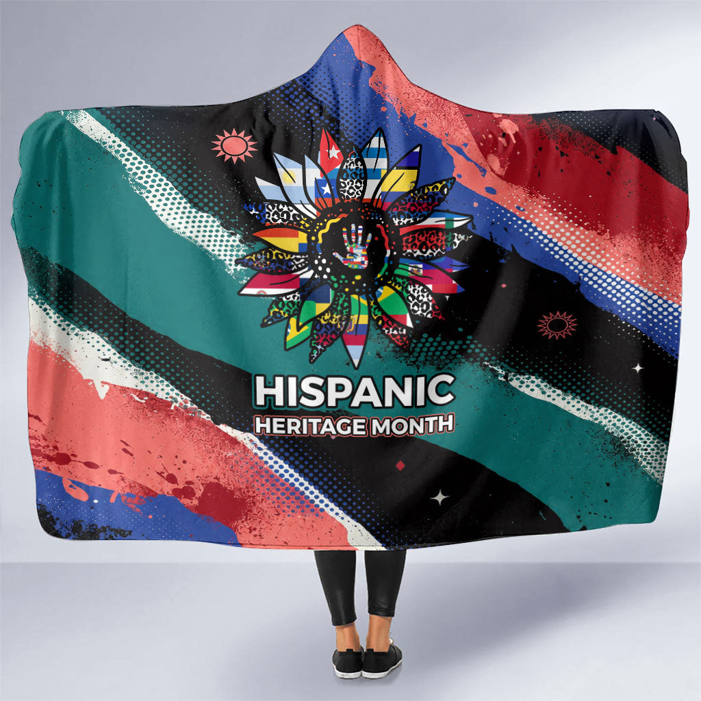 Hispanic Heritage Month Unidos We Rise Hooded Blanket Vibrant Sunflower Flags - Globe Graphic With Splatter Paint