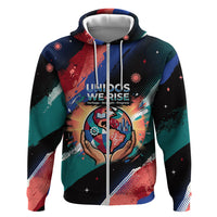 Hispanic Heritage Month Unidos We Rise Hoodie Vibrant Sunflower Flags - Globe Graphic With Splatter Paint