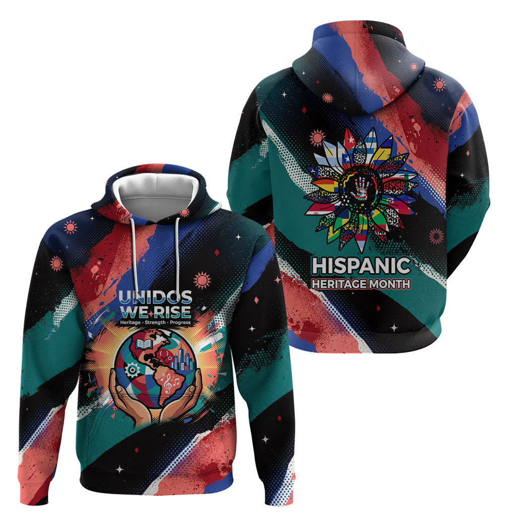 Hispanic Heritage Month Unidos We Rise Hoodie Vibrant Sunflower Flags - Globe Graphic With Splatter Paint