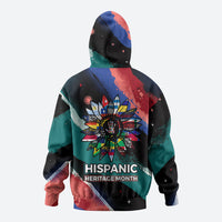 Hispanic Heritage Month Unidos We Rise Hoodie Vibrant Sunflower Flags - Globe Graphic With Splatter Paint