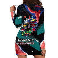 Hispanic Heritage Month Unidos We Rise Hoodie Dress Vibrant Sunflower Flags - Globe Graphic With Splatter Paint
