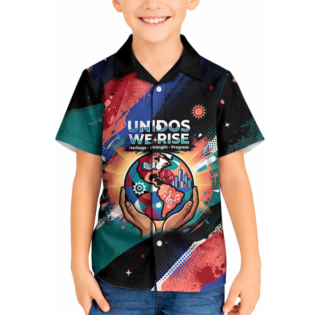 Hispanic Heritage Month Unidos We Rise Kid Hawaiian Shirt Vibrant Sunflower Flags - Globe Graphic With Splatter Paint