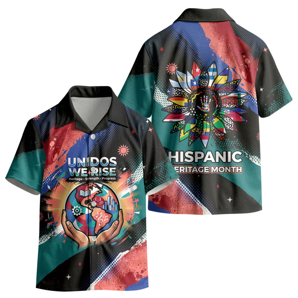 Hispanic Heritage Month Unidos We Rise Kid Hawaiian Shirt Vibrant Sunflower Flags - Globe Graphic With Splatter Paint