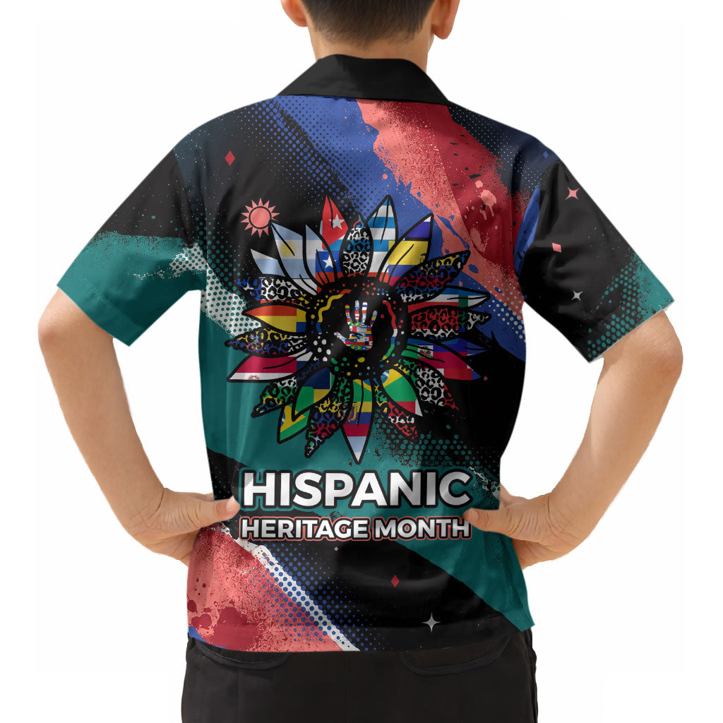 Hispanic Heritage Month Unidos We Rise Kid Hawaiian Shirt Vibrant Sunflower Flags - Globe Graphic With Splatter Paint